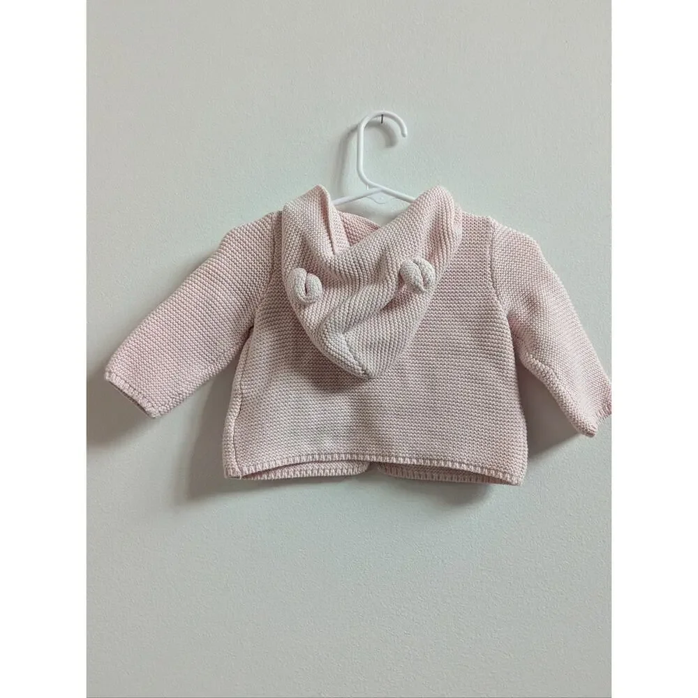 Baby Gap Sweater 3-6m Pink Knitted Hoodie Cardigan Bear Ears